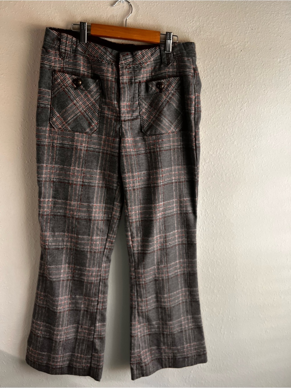 Free People Gray Plaid Boot Cut Pants with red Accents